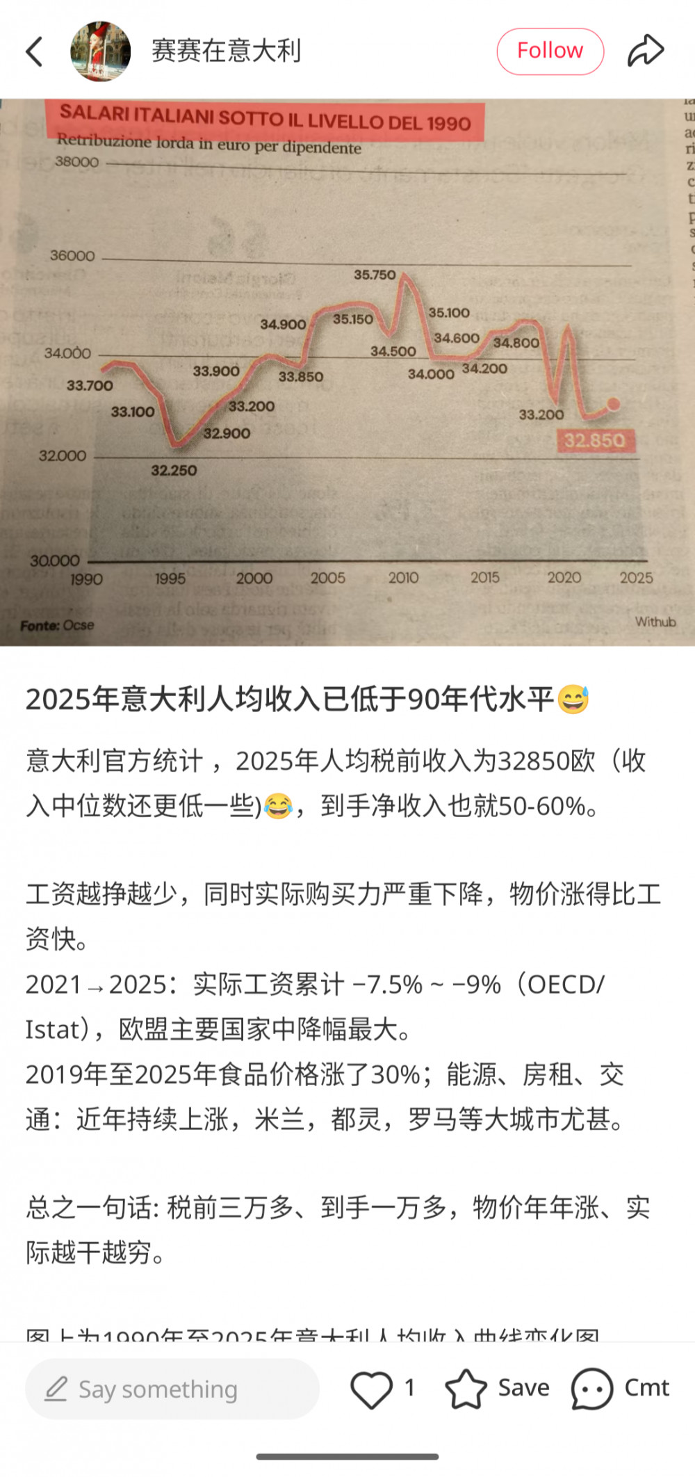 看了一篇文章，意大利过去30年工资收入没有增长